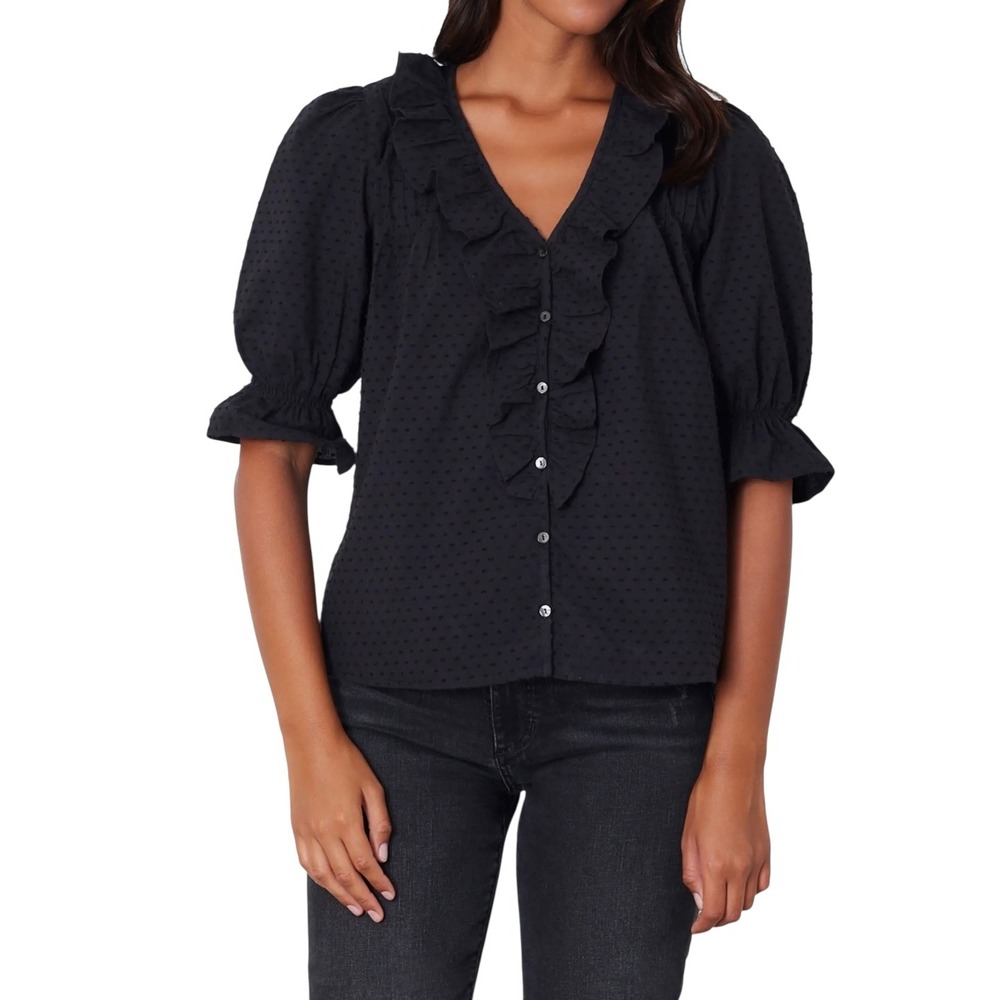 Paneros Chloe Swiss Dot Ruffle Shirt V-Neck Pintuck Blouse Top Size L